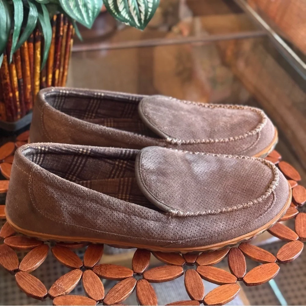L.L. BEAN  Perforated Brown Suede Flannel Lined Camo Sole Mountain Slippers 14M
